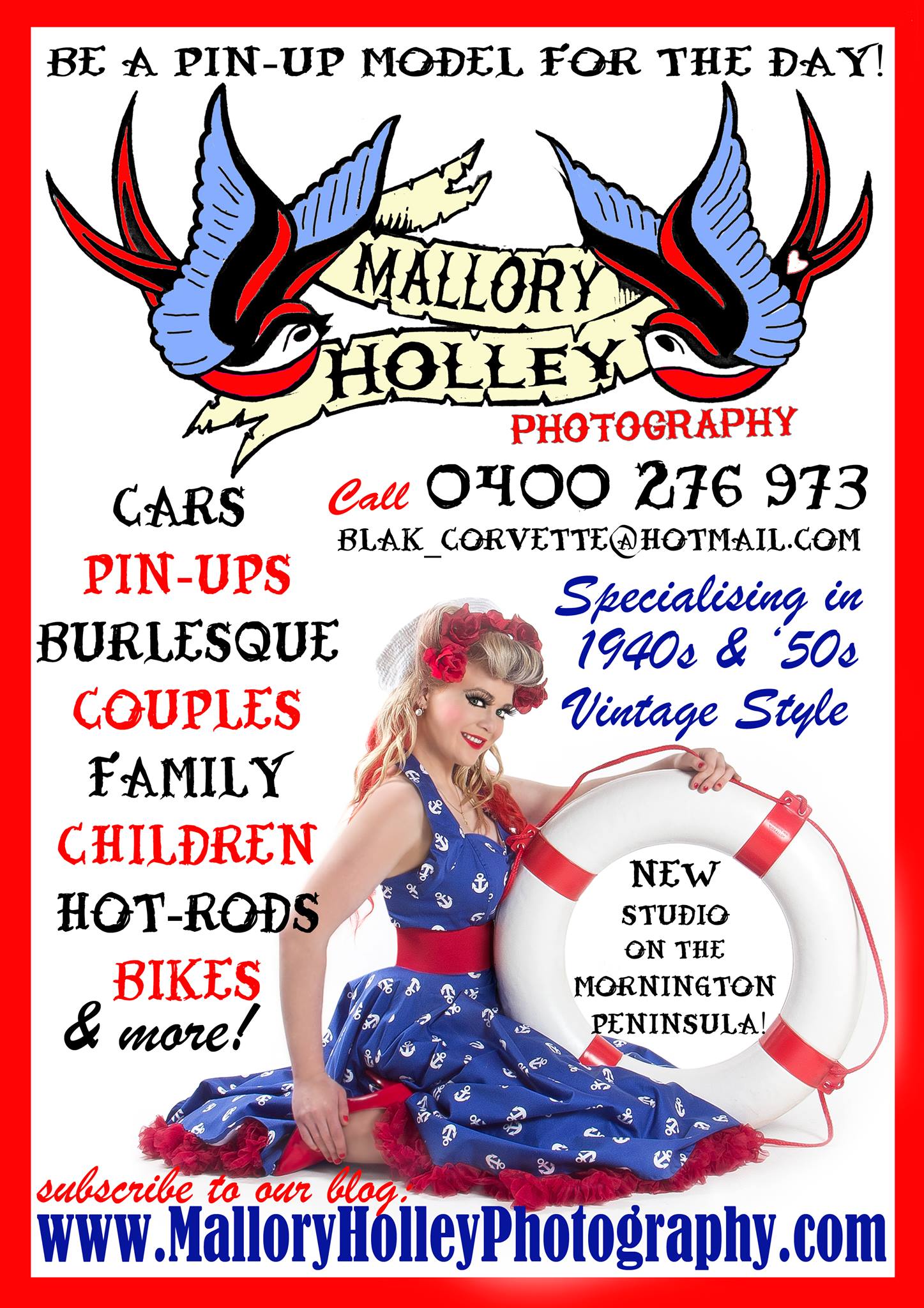 The flyer I made when I first opened my studio.  My talented friend Memphis Black designed the gorgeous banner and swallows.