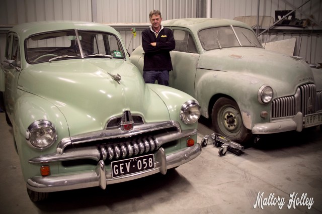 Back in the workshop with Dad standing next to my F.J. and his F.X (48-215) Holden.