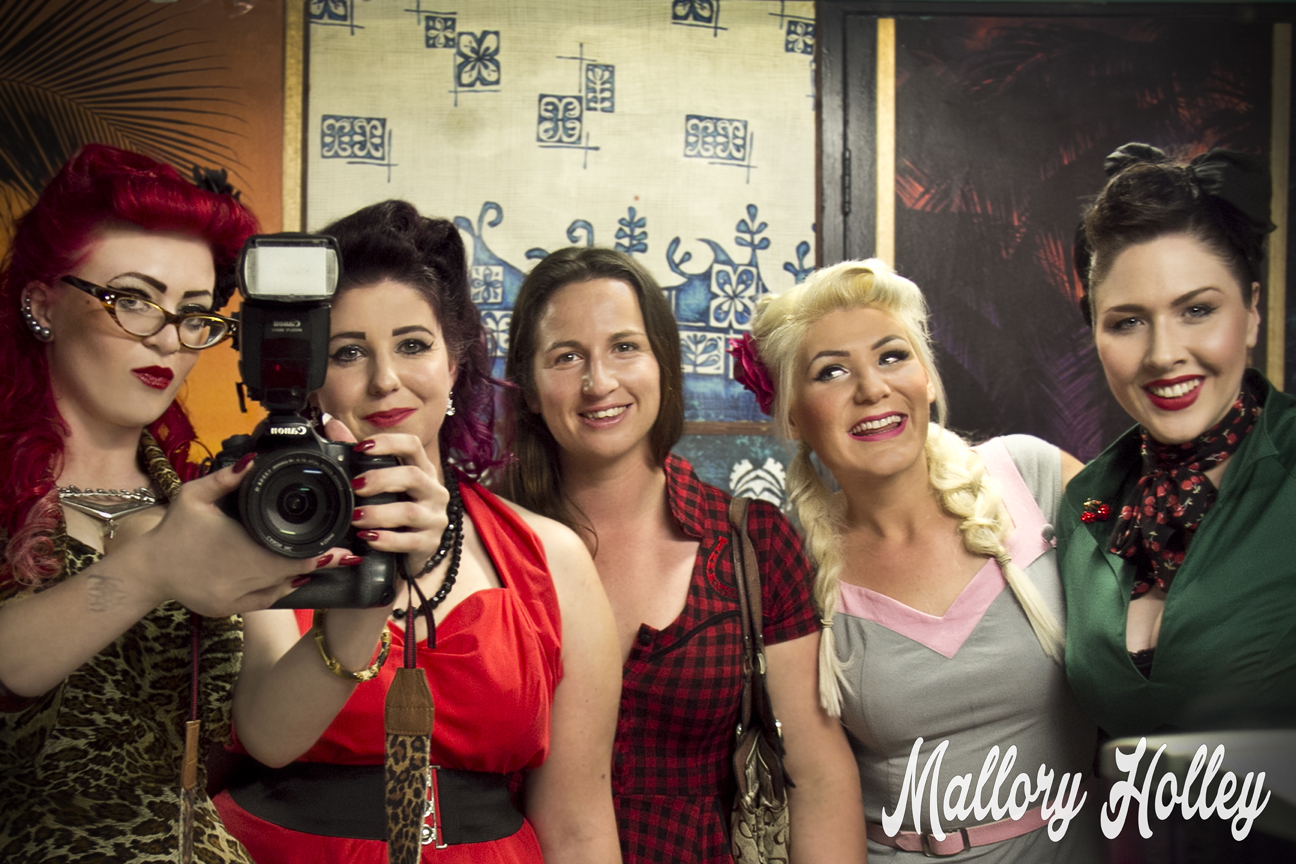 My very first (and rather unsuccessful) attempt of a bathroom selfie with an SLR.  From left to right that's yours truly, Jessi-Marie, Sarah, Loretta Lowbrow & Gemma.