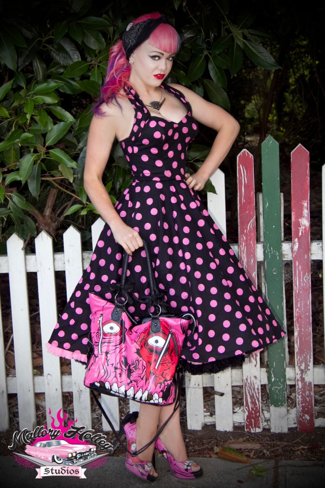 My pink polkadot 1950s reproduction dress from Christine's without the bolero.  