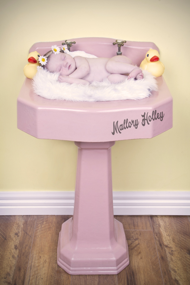 Newborn photography in vintage basin