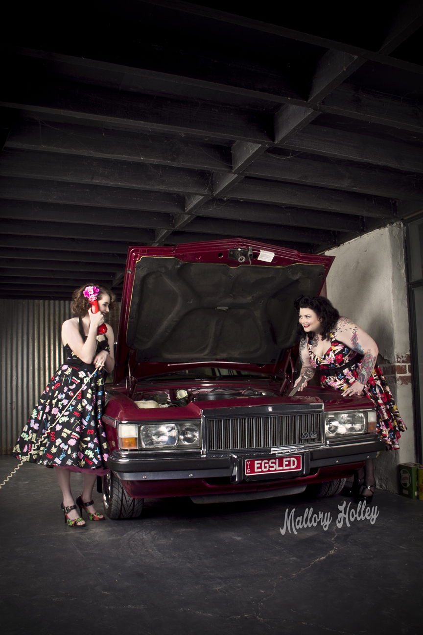 Mother and daughter pinup shoot with Holden WB Statesman