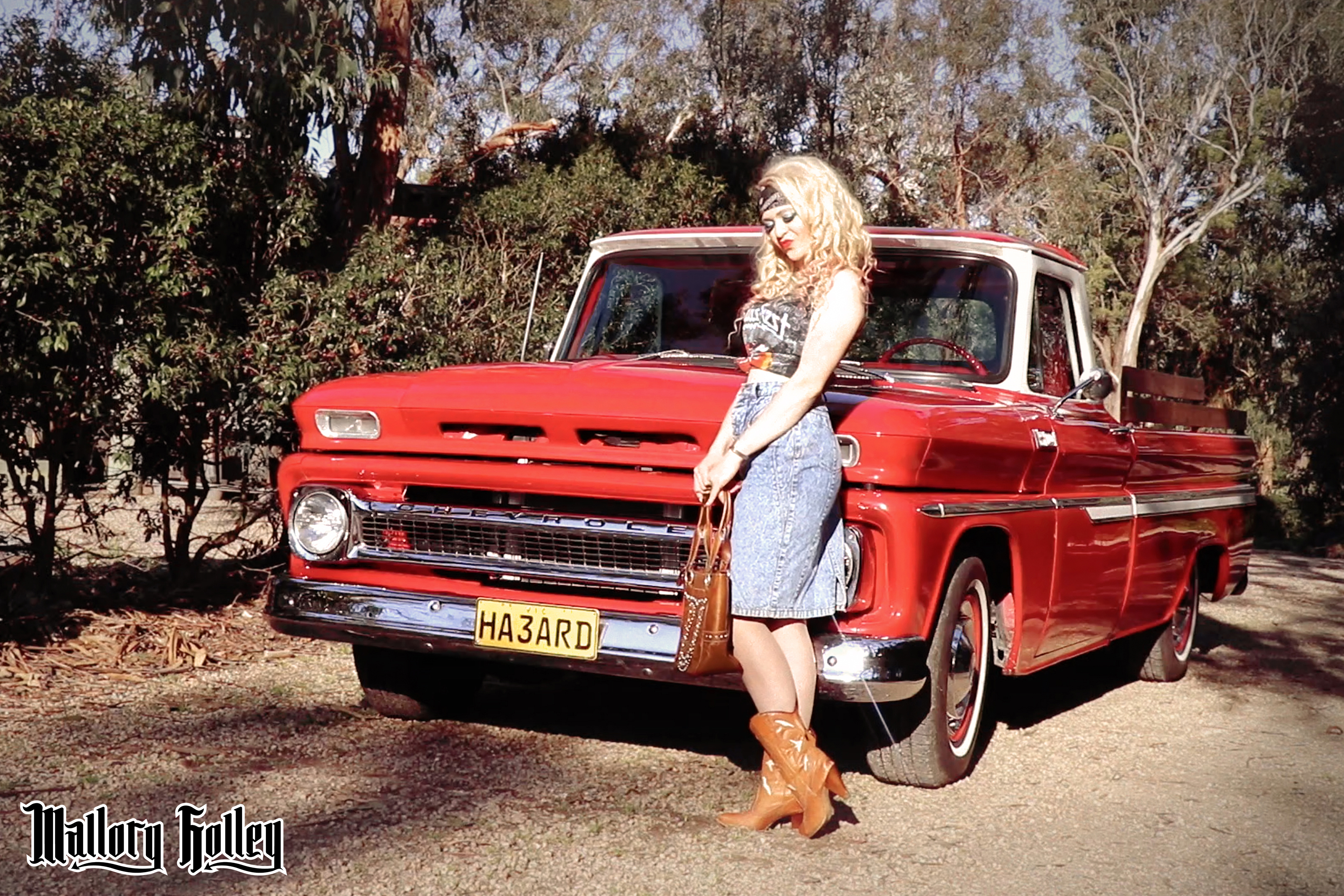 Mallory Holley vintage thrifted outfit and 1965 C10 Chevy Pickup